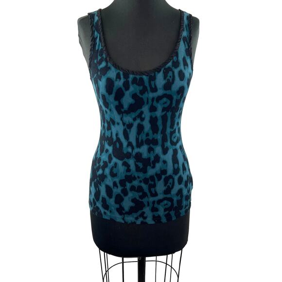 GUESS Blue Black Leopard Print Sleeveless Scoop Neck Cotton Blend Jamie Tank S - Picture 1 of 9